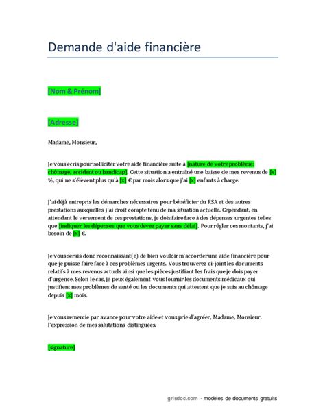 Modèle de Lettre d'Aide Financière