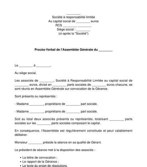Modèle de Procès-Verbal d'Assemblée Générale de SARL
