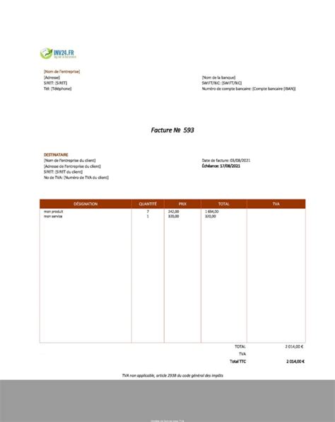 Modèle de facture sans TVA