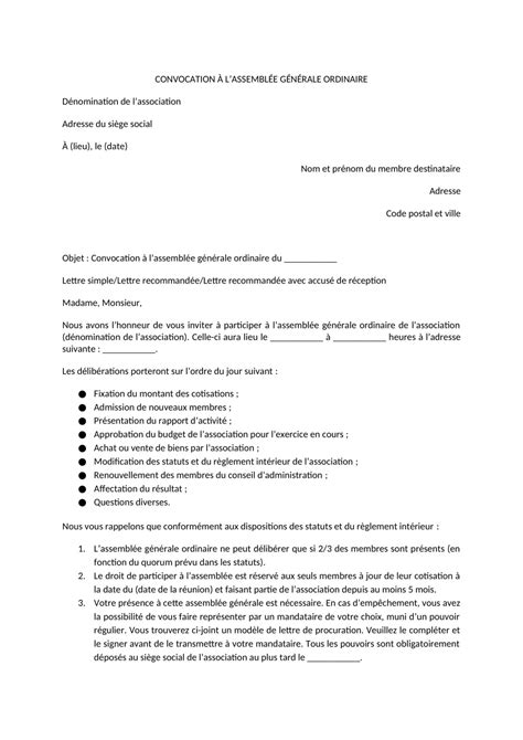 Modèle de lettre de convocation à une assemblée générale d’association