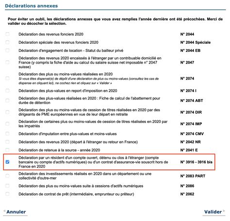 Page de déclaration d'un compte à l'étranger