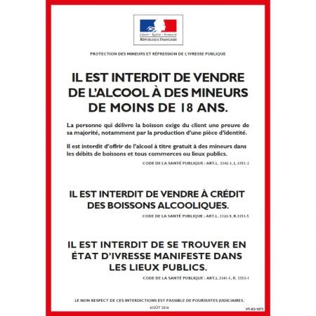 Panneau interdiction de vendre de l'alcool aux mineurs