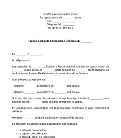 Procès-Verbal d'Assemblée Générale de SARL