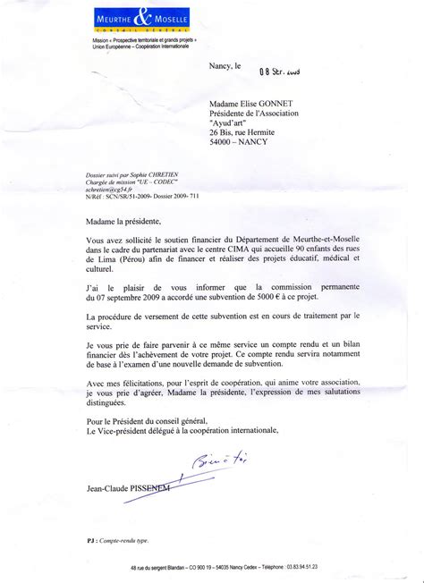 Remerciement pour subvention