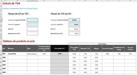 Tableau Excel pour le calcul de la TVA