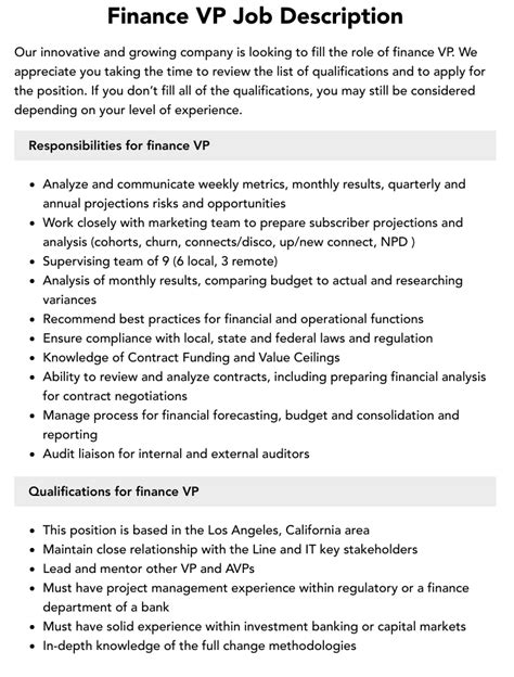 VP Finance Responsibilities