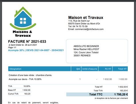 exemple facture acompte