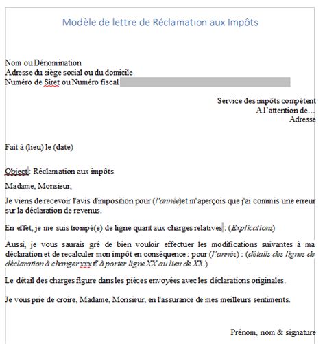 lettre de réclamation aux impôts